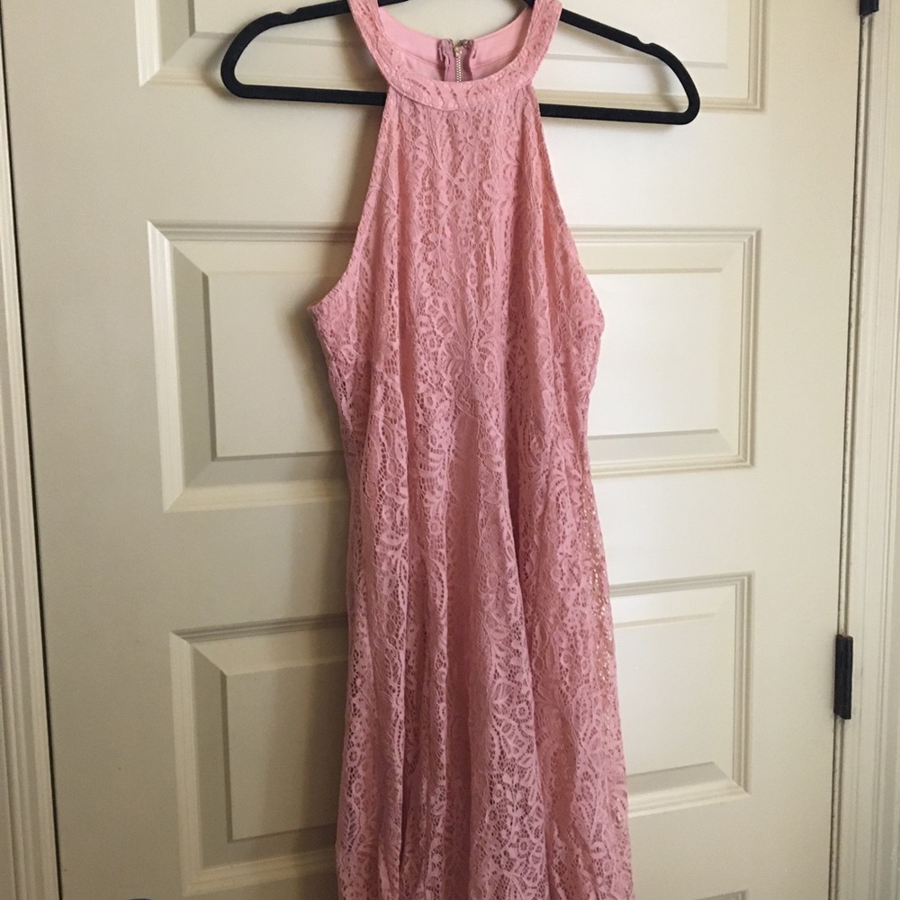 Pink lace high neck dress.